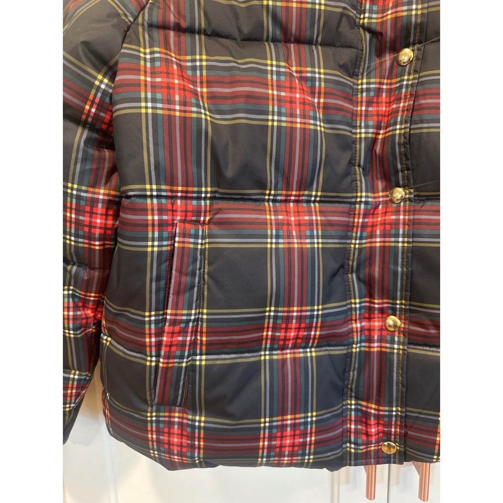 J.Crew Womens Plaid Puffer Jacket Navy Red boho Tartan Quilted Coat Large preppy - Picture 3 of 10